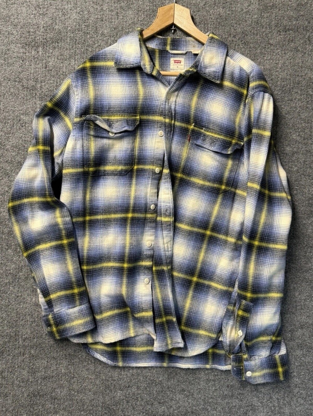 Levis Flannel Shirt Mens Medium Blue Yellow Plaid Button Front Red Tab 🔥